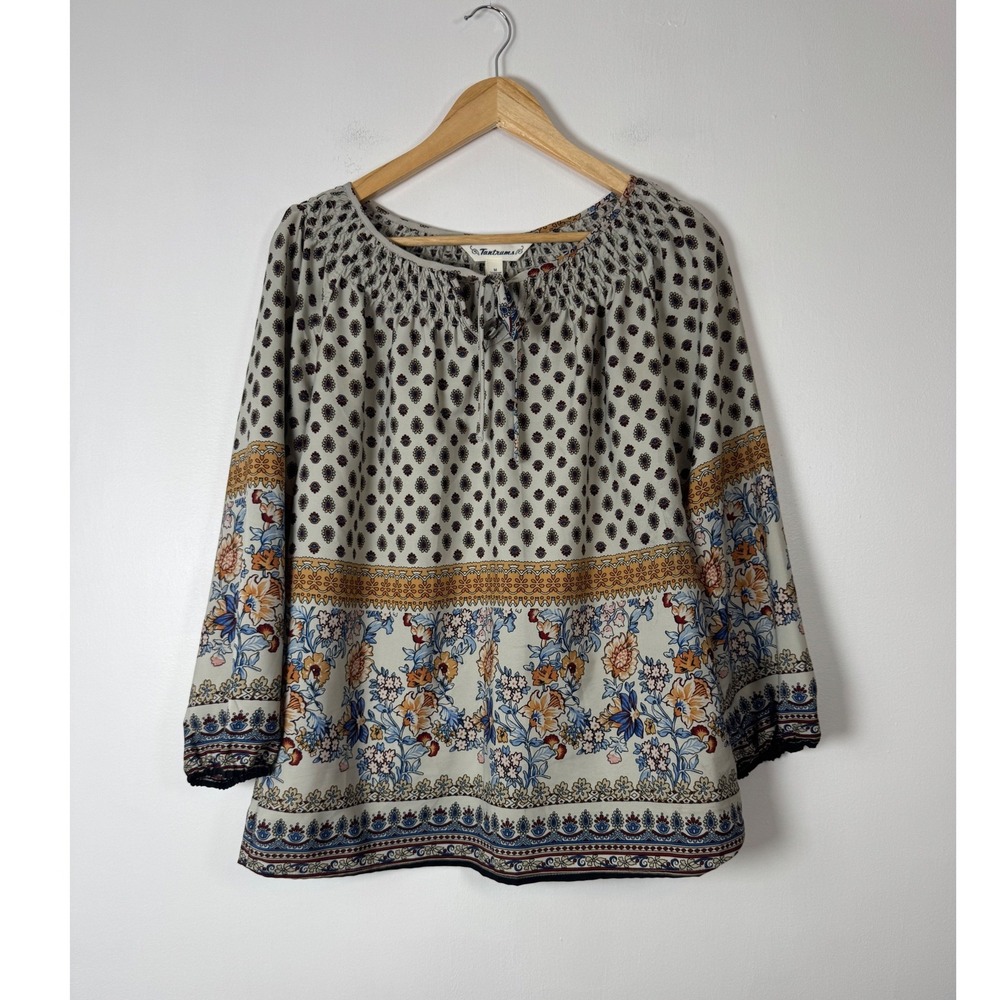 Boho Tantrums Womens Medium Peasant Blouse Cream Floral Border Print Smocked Tie
